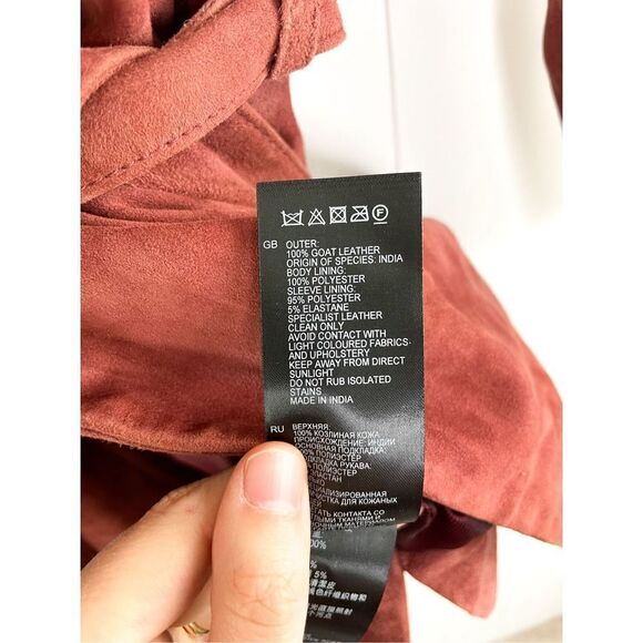 Reiss Willow Goat Suede Wrap Belted Tie Brick Red Jacket XS Leather Coat Kimono - Picture 5 of 11